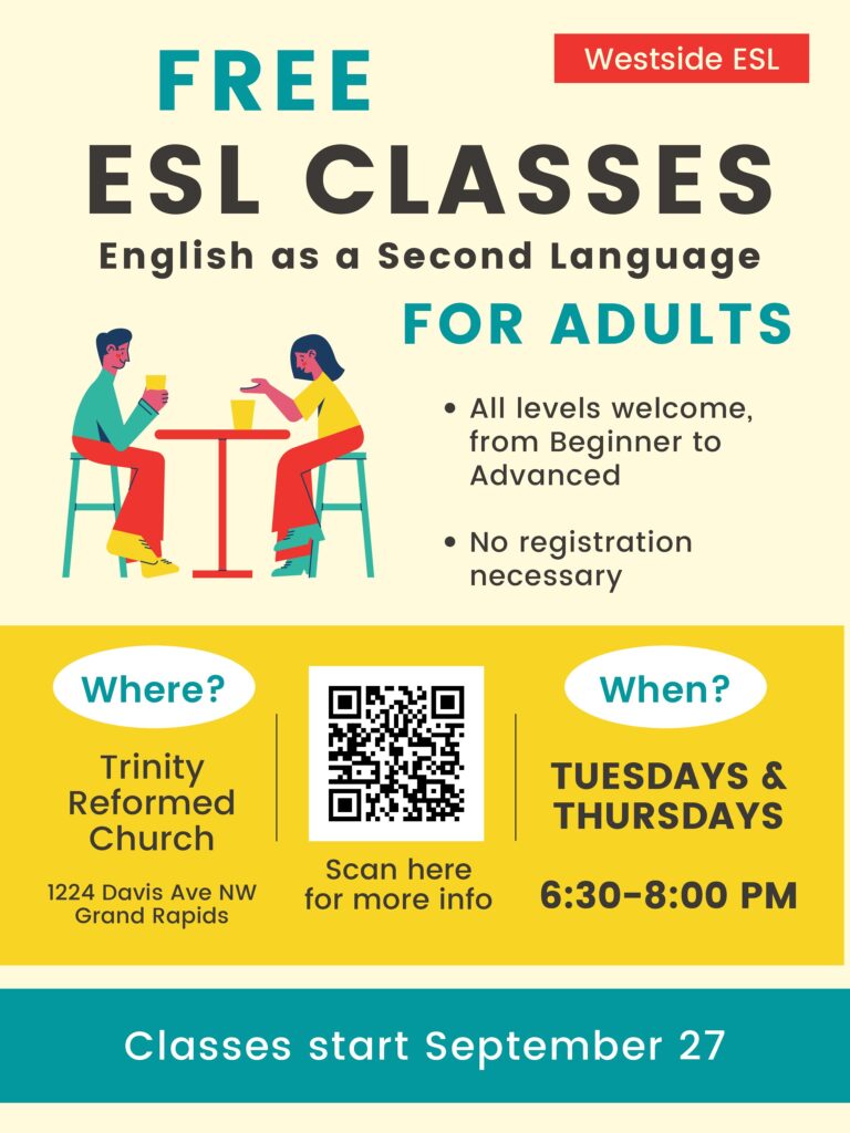 FREE English as a Second Language (ESL) Class. Come Tuesday evenings from  5:30pm to 8:00pm in Room 9.